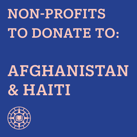 Graphic: "Non-profits to donate to: Afghanistan & Haiti", blue background with cream text