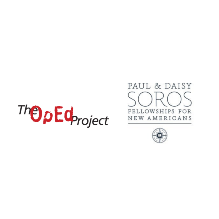 Logos for both "The Oped Project" (in red and black font) and "Paul & Daisy Soros Fellowships for New Americans" (in black font)