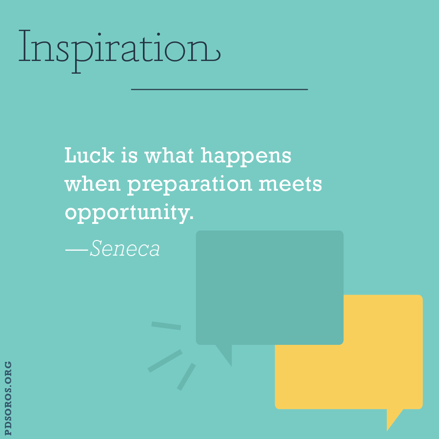 Infographic with teal background. In navy text, in the top left corner it says "Inspiration". Mid-page is a quote in white "Luck is what happens when preparation meets opportunity. - Seneca". In the bottom right corner are two talk squares in dark teal and yellow overlapping. 