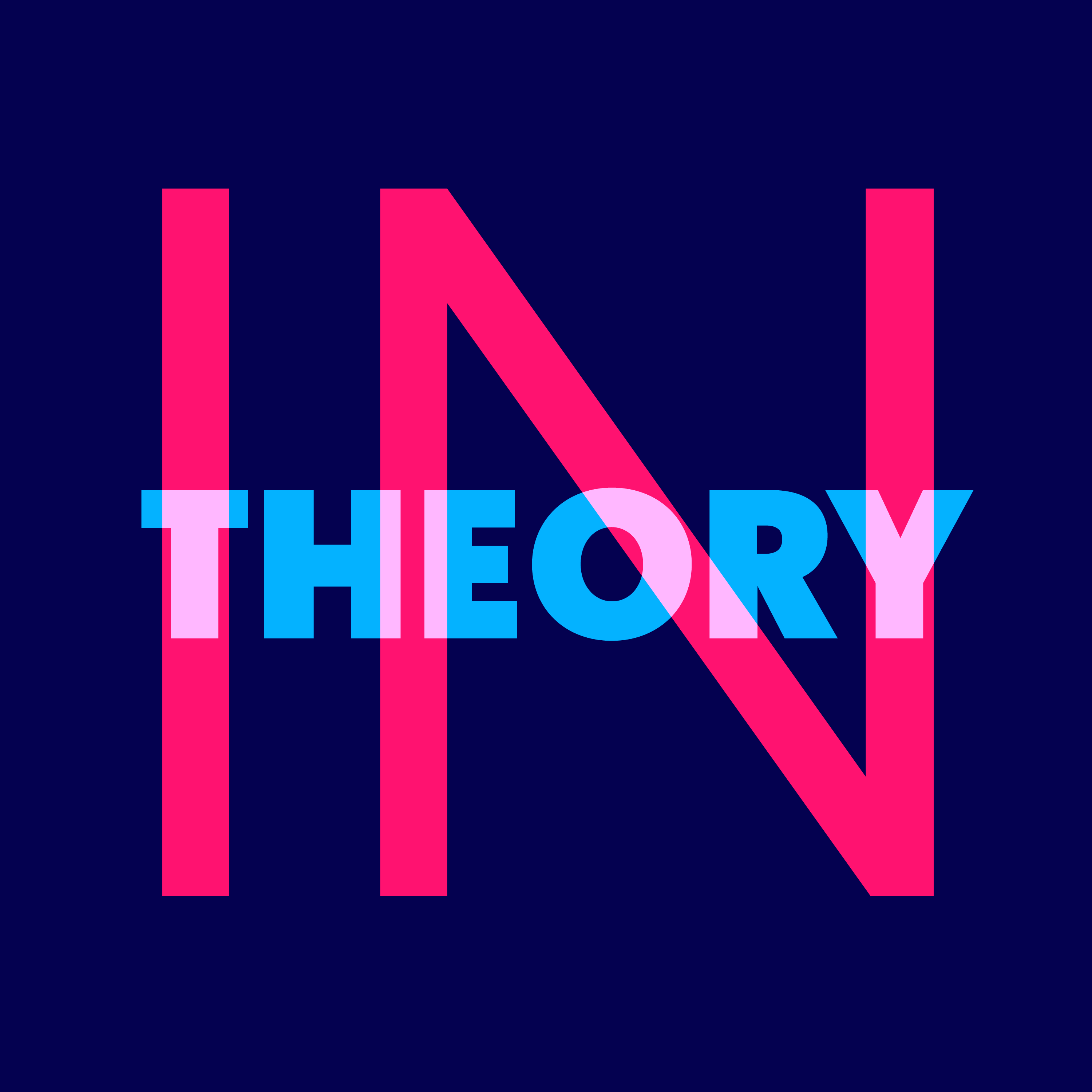 Logo for "In Theory" podcast. The background is dark blue, with "IN" in pink text in the middle of the image with a slightly transparent blue "THEORY" across the middle of the "IN".