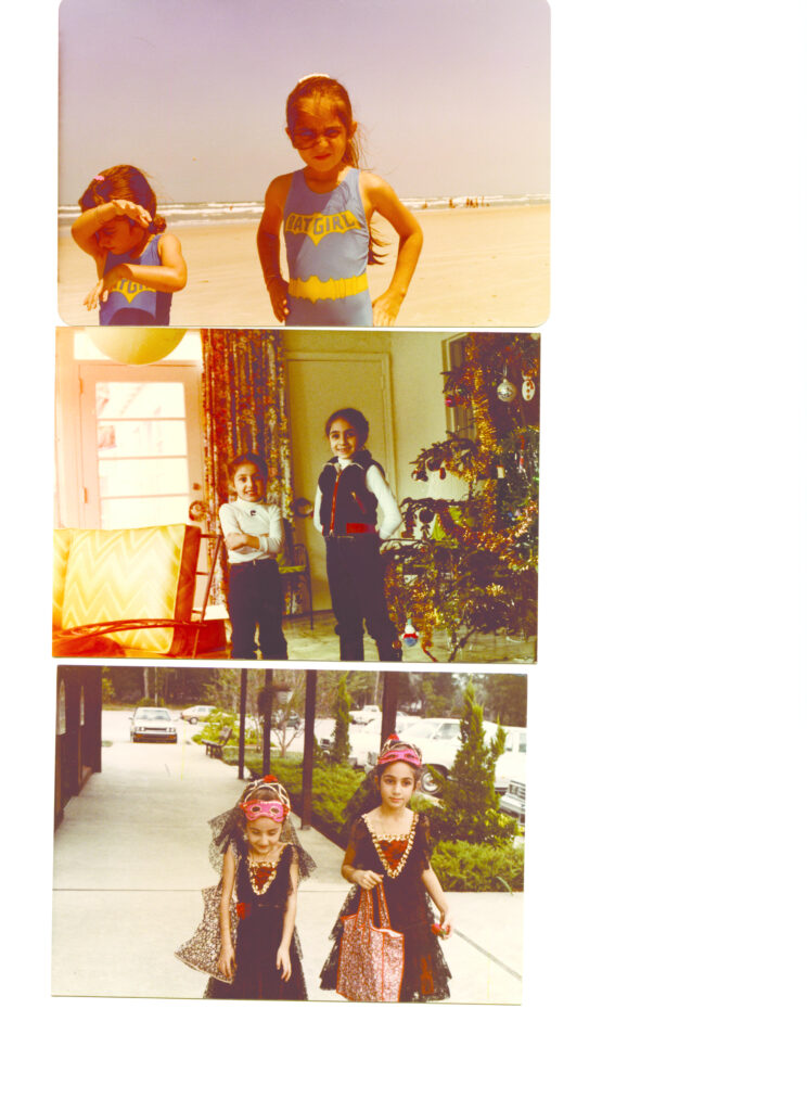 Compilation of three old photographs showing two young girls at various activities. One they are at the beach dressed as Batgirl, the next they are standing next to a Christmas tree, and in the last they are dressed for Halloween in masquerade costumes. 