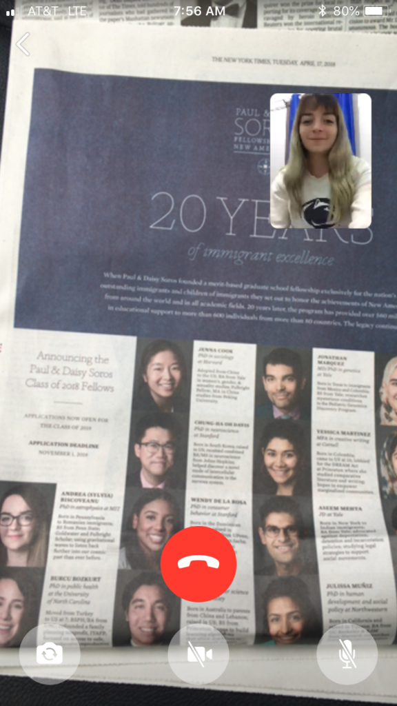 Screenshot of a FaceTime call - a woman in her 20s who has heritage from Romania with light skin tone and long blonde hair with bangs can be seen in the upper right corner. The rest of the screen is the New York Times article. 