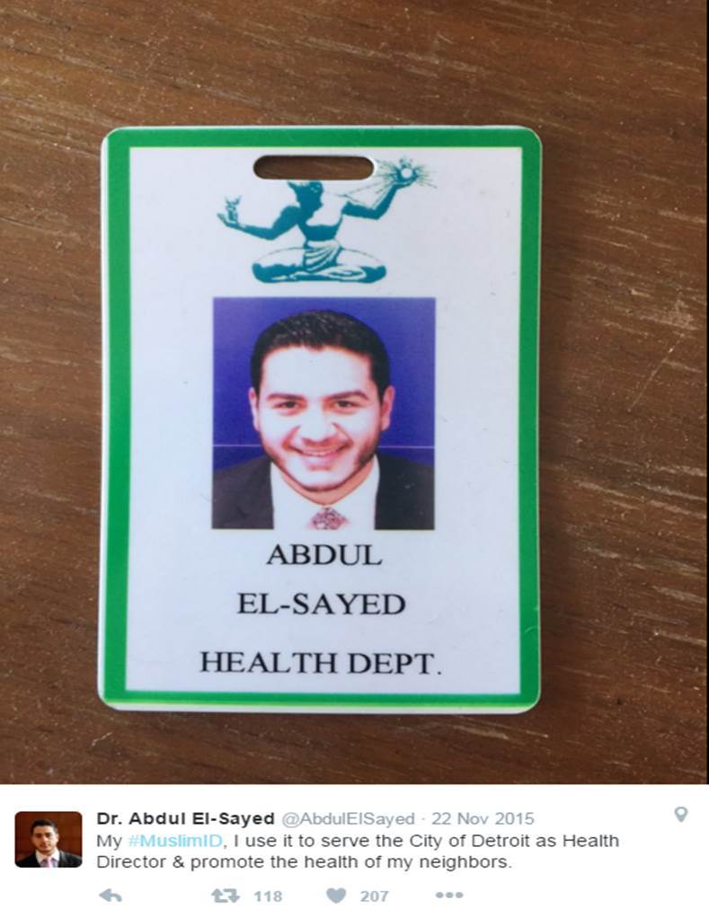 Screenshot from X (Twitter) of a tweet by Dr. Abdul El-Sayed with the caption "My #MuslimID, I use it to serve the city of Detroit as Health Director & promote the health of my neighbors.". The picture from the tweet is an ID card with a photo and "Abdul El-Sayed Health Dept.". The ID has a green boarder and at the top an illustration of a man sitting cross legged, looking at his right hand holding an object and his right hand holds a sun.