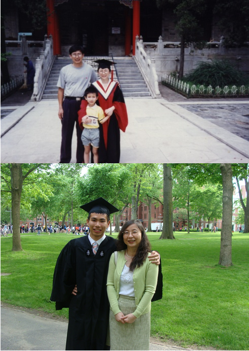 Two photos. Top is a dad, mom and young boy; the mom is wearing a graduation cap and gown. Bottom is a man in his 20s wearing a graduation cap and gown, standing next to a woman in her 50s in all green.