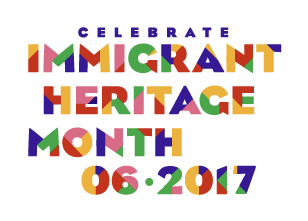 Graphic with block letters, each letter is made up of multiple colors (yellow, red, pink, green, blue) text reads "Celebrate Immigrant Heritage Month 06-2017"