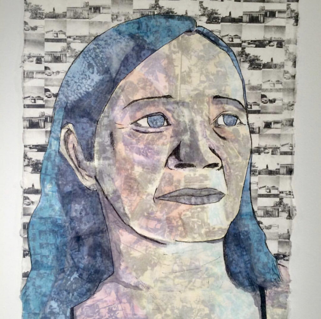 An artistic representation of the photo of the woman. It is made up of man black and white photographs behind her face, her hair has a blue tint. 