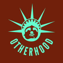 Logo for "Otherhood" podcast - it has a burgundy background with a copper green Statue of Liberty head and crown, and below "Otherhood" in copper green.