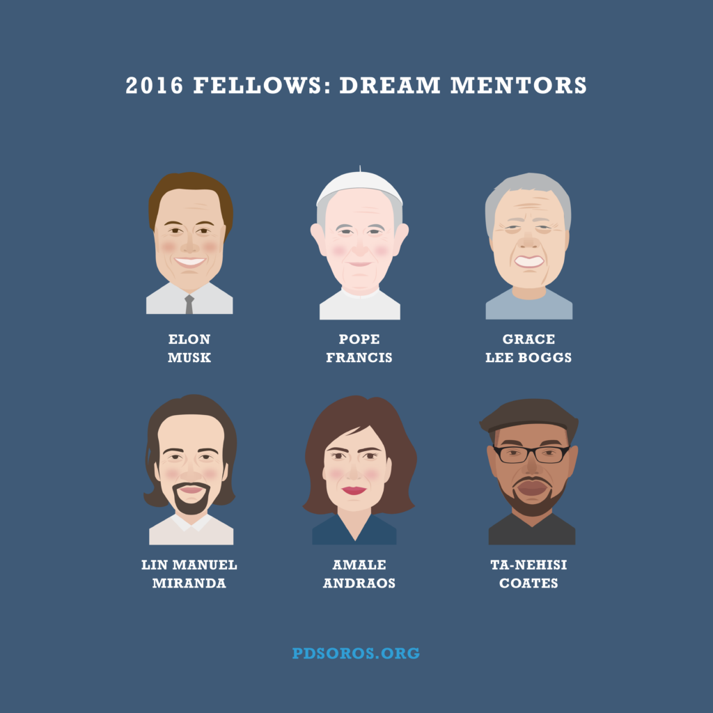 Navy infographic with white text across the top "2016 Fellows: Dream Mentors" below are 6 caricature's of Elon Musk, Pope Francis, Grace Lee Boggs, Lin Manuel Miranda, Amale Andraos and Ta-Nehisi Coates". PDSoros.org is along the bottom in blue.