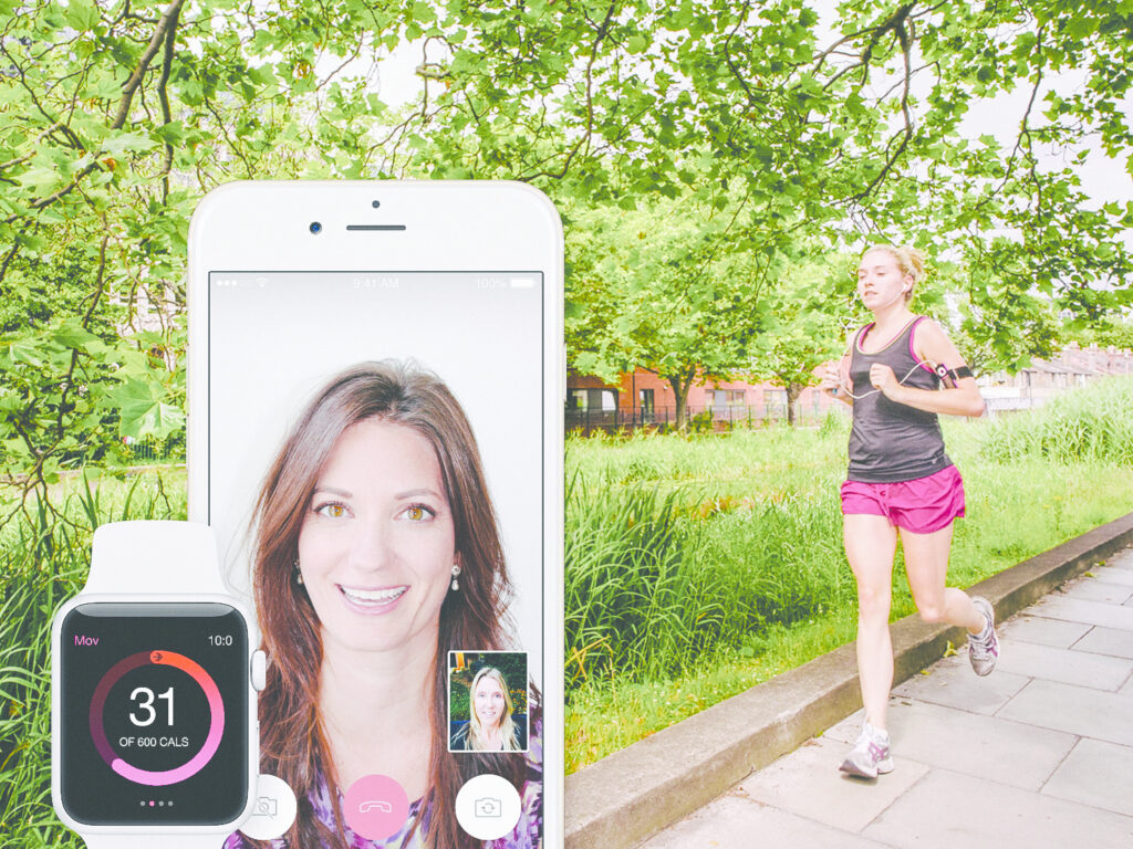 Photograph of a woman running, super imposed on top is a phone screen and Apply watch showing the app. 