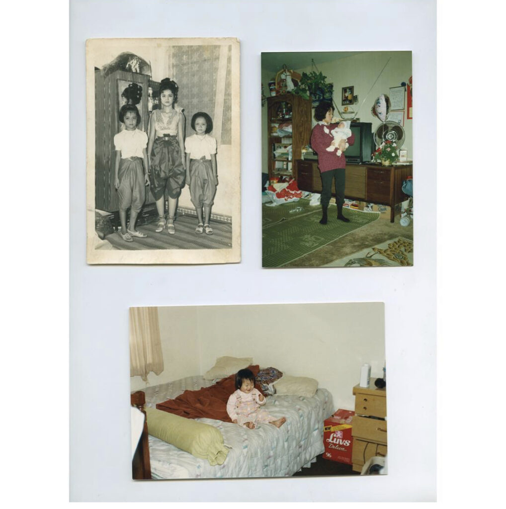 Three old photographs. Top left is black and white, three young girls standing looking at the camera. Top right is a woman in a living room and holding a baby. Bottom is a toddler sitting on a bed. 