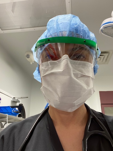 Selfie of a woman in her 40s who has heritage from El Salvador. She is wearing PPE (hairnet, surgical mask and eye shield), grey scrubs and a stethoscope. 