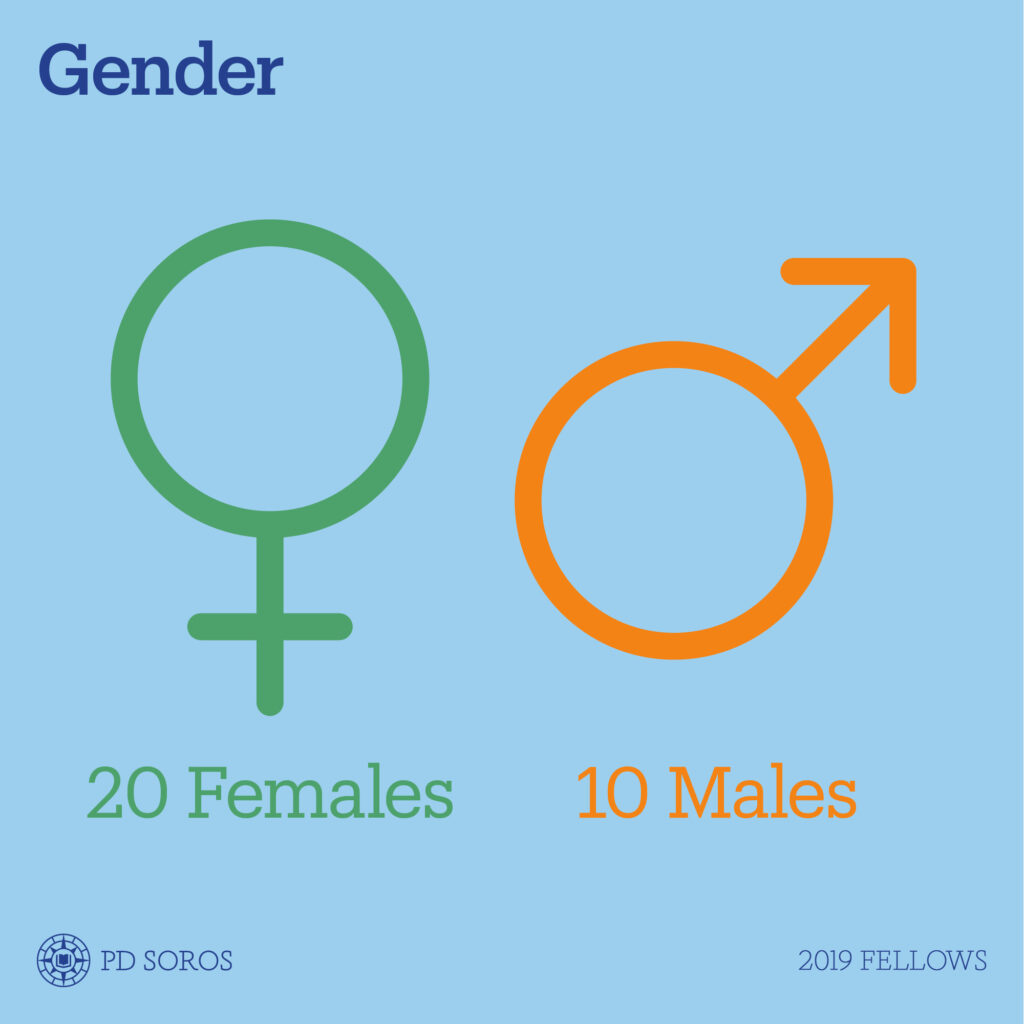 Light blue infographic, "Gender" in upper left corner in dark blue, green symbol for women with text "20 Females" under; next is symbol for men in orange with text "10 Males" under. Dark blue PD Soros logo in bottom left corner, and "2019 Fellows" in bottom right corner.