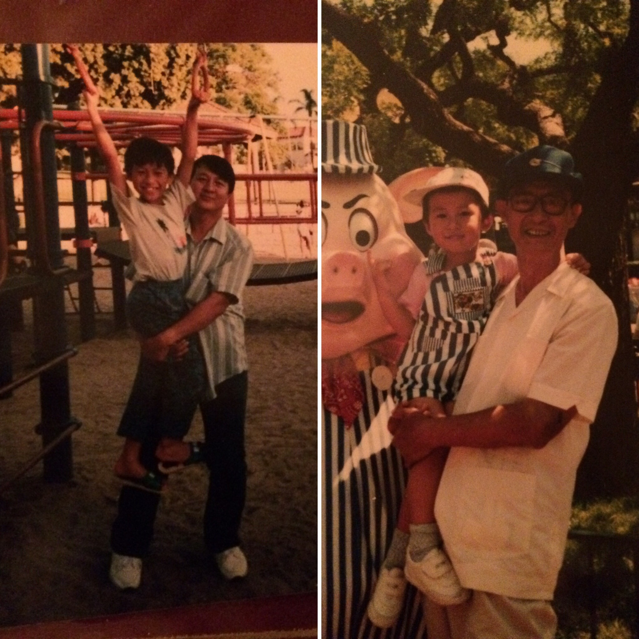 Side by side old photographs. On the left a man in his 20s holds the legs of a young boy holding onto monkey bars. On the right a man in his 60s carrying a child with a pig character in the background. 