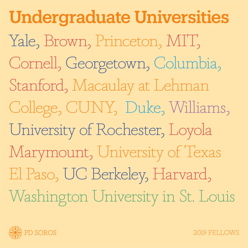 Light yellow infographic with orange title "Undergraduate Universities" followed by a list of undergrads of the fellows, in a variety of colors: "Yale, Brown, Princeton, MIT, Cornell, Georgetown, Columbia, Stanford, Macaulay at Lehman College, CUNY, Duke, Williams, University of Rochester, Loyola Marymount, University of Texas El Paso, UC Berkeley, Harvard, Washington University in St. Louis". Orange PD Soros logo in bottom left corner. "2019 Fellows" in bottom right corner.