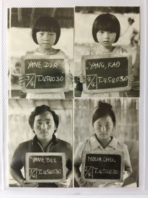 Black and white photograph made up of 4 smaller photos - each one contains a single person holding a chalkboard with their name and a number. The two people in the top photos are young girls, bottom left is a man in his 30s and bottom right is a woman in her 30s. 