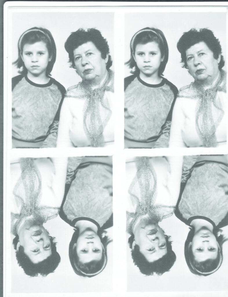 Black and white photograph of a young girl and an older woman, not smiling. The same photo is repeated four times.