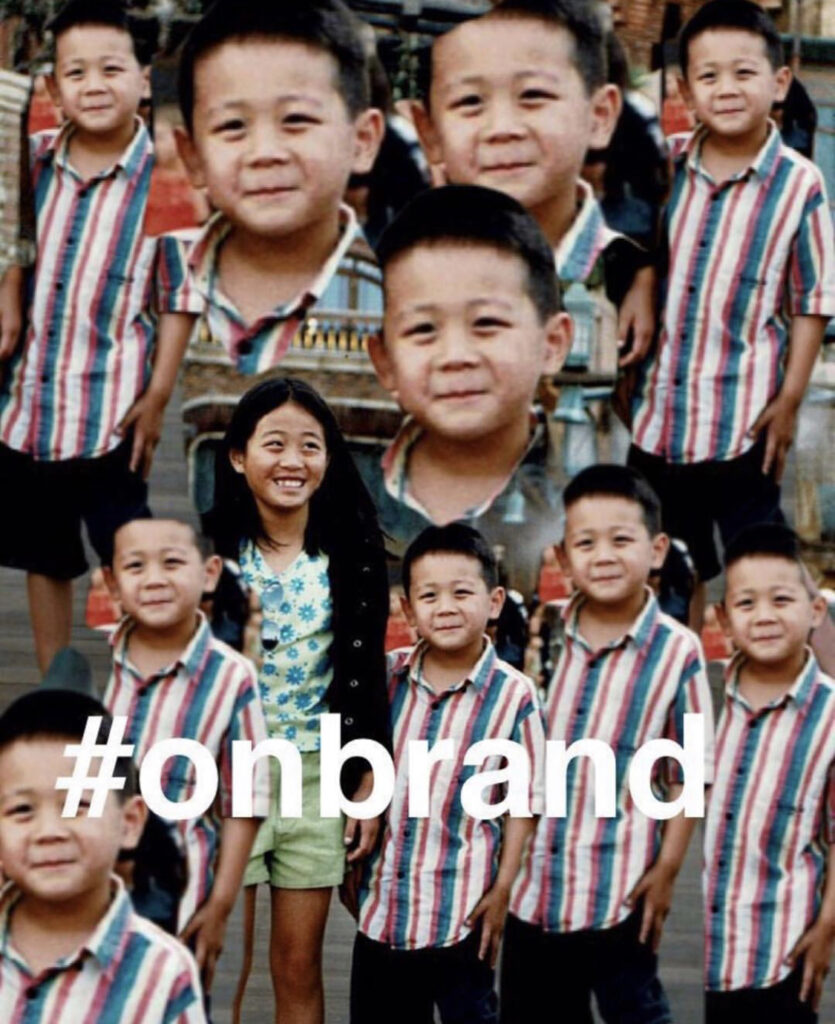 Altered photograph of a young boy wearing a red, white and blue striped button up, he is repeated and overlapped multiple times. "#onbrand" appears in white over the images. 