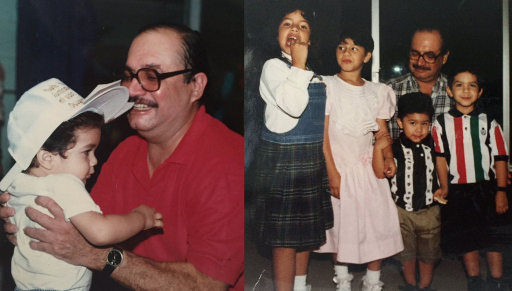 Two old photographs. On the left a man wearing a red polo with large glasses who has light skin tone, black balding hair and a mustache lifts up a baby wearing a white top and hat. On the right the same man with four children. 