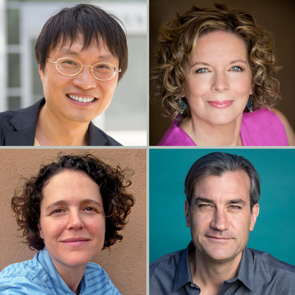 Compilation photo of four headshots. Top left is a man in his 40s who has heritage from China with light-medium skin tone and shaggy dark brown hair, he is wearing oval gold glasses. Top right is a woman in her 40s with light skin tone and blonde curly hair. Bottom right is a man in his 50s with light skin tone and grey combed over hair. Bottom left is a woman in her 30s who has light skin tone and short curly brown hair.