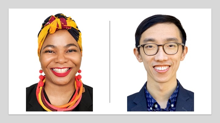 Side by side headshots. On the left side a woman in her 20s who has heritage from Cameroon of Congolese with medium-dark skin tone, she is wearing a yellow, red and black head scarf, bright red dangly earrings and a brightly colored necklace on a black top. On the right a man in his 20s who has heritage from China with light skin tone and short black hair. He is wearing a teal blazer, blue patterned button up shirt and glasses. 