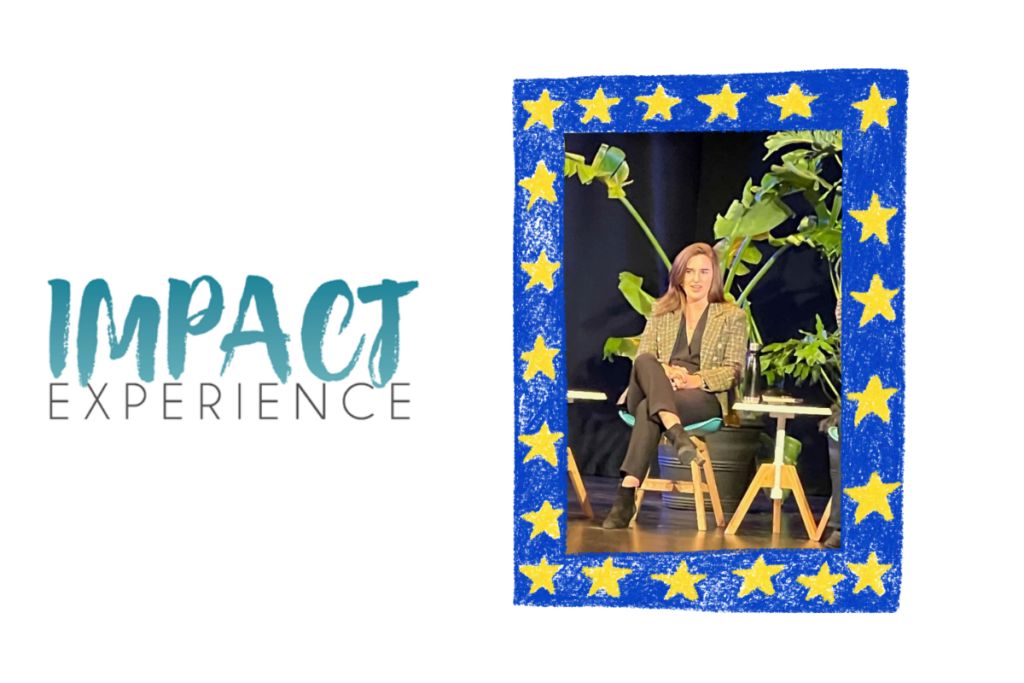 Logo: Impact (in painterly teal font) above Experience (in black sans sarif font), next to a photo of a woman sitting in a chair with her legs crossed wearing all black and a blazer with plants behind her in a crayon style blue frame with yellow stars.