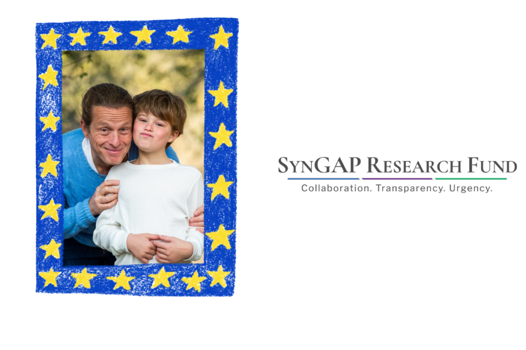 Within crayon style blue frame with yellow stars: a man in a blue sweater bends down to hug a child in a white sweater, both are smiling and looking at the camera; Logo: Black serif font "SYNGAP Research Fund" above a blue, purple and green line "Collaboration. Transparency. Urgency.".