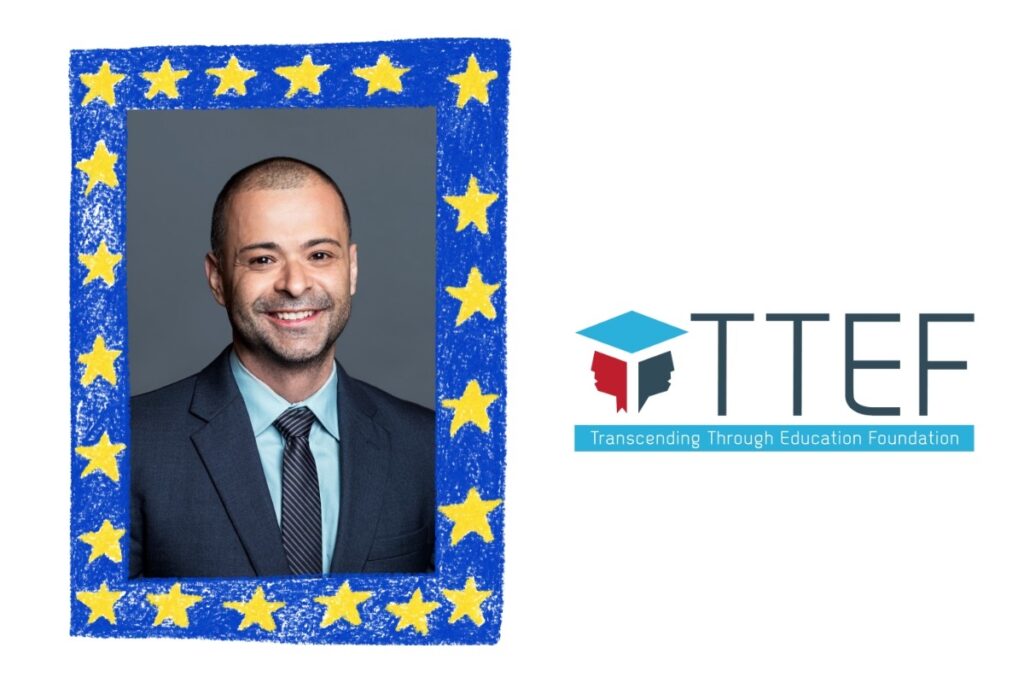 Logo: Graphic with one red and one dark blue face outlines looking in opposite directions wearing a light blue graduation cap, TTEF (in large dark blue letters) Transcending Through Education Foundation (under in white font with a light blue background); next to a man in a suit smiling and looking at the camera within a crayon style blue frame with yellow stars.