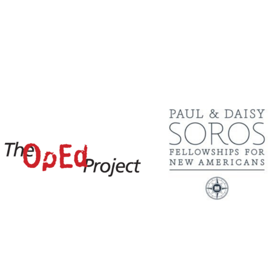 Logos for both "The Oped Project" (in red and black font) and "Paul & Daisy Soros Fellowships for New Americans" (in black font)