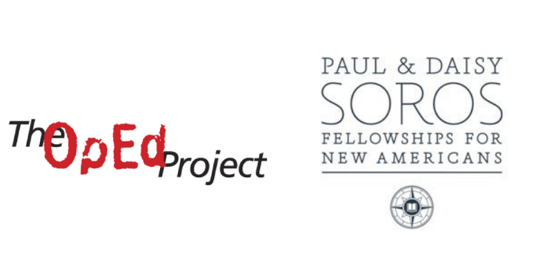 Logos for both "The Oped Project" (in red and black font) and "Paul & Daisy Soros Fellowships for New Americans" (in black font)