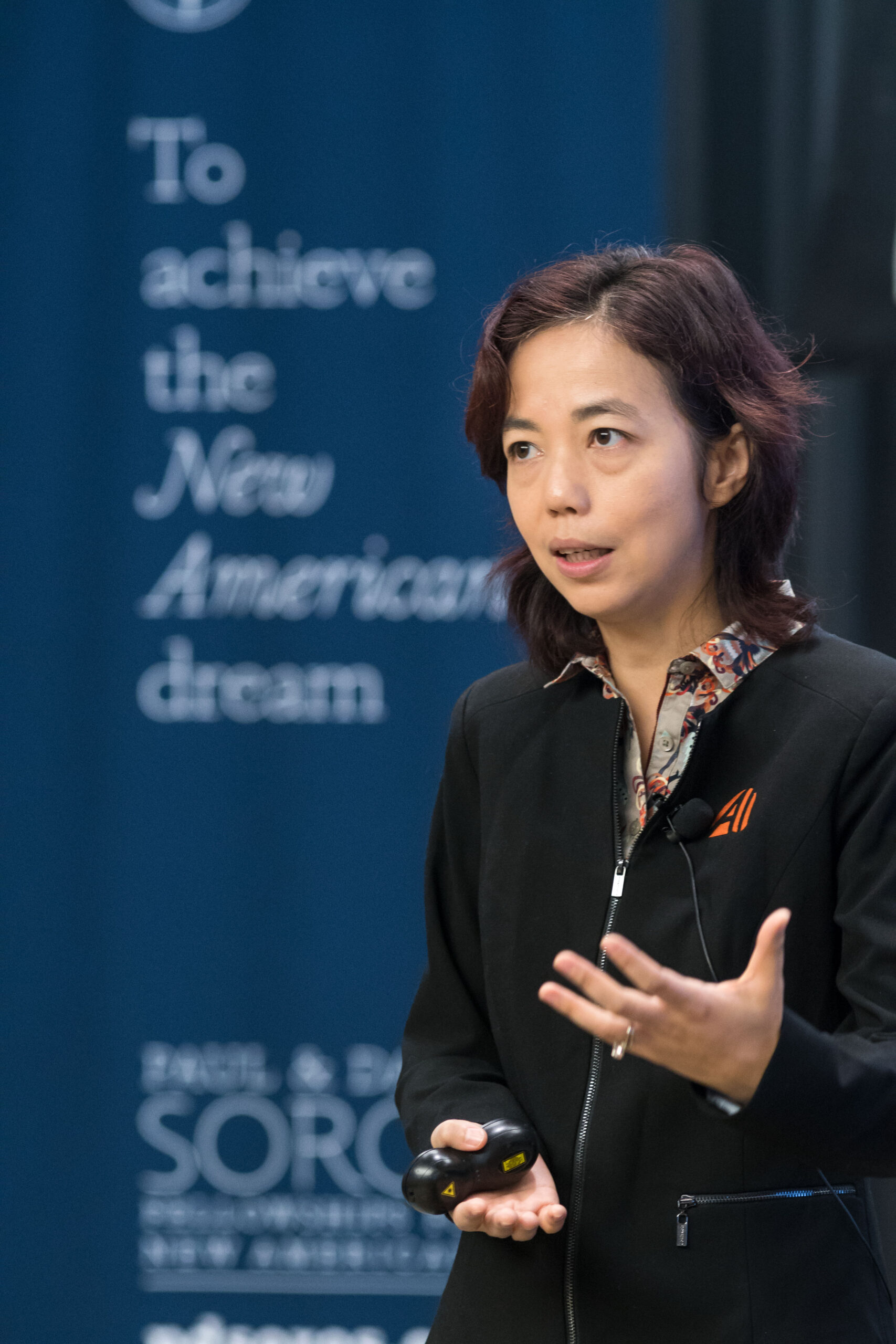 Fei-Fei Li delivers a keynote address to The Paul & Daisy Soros Fellowships Fall Conference.