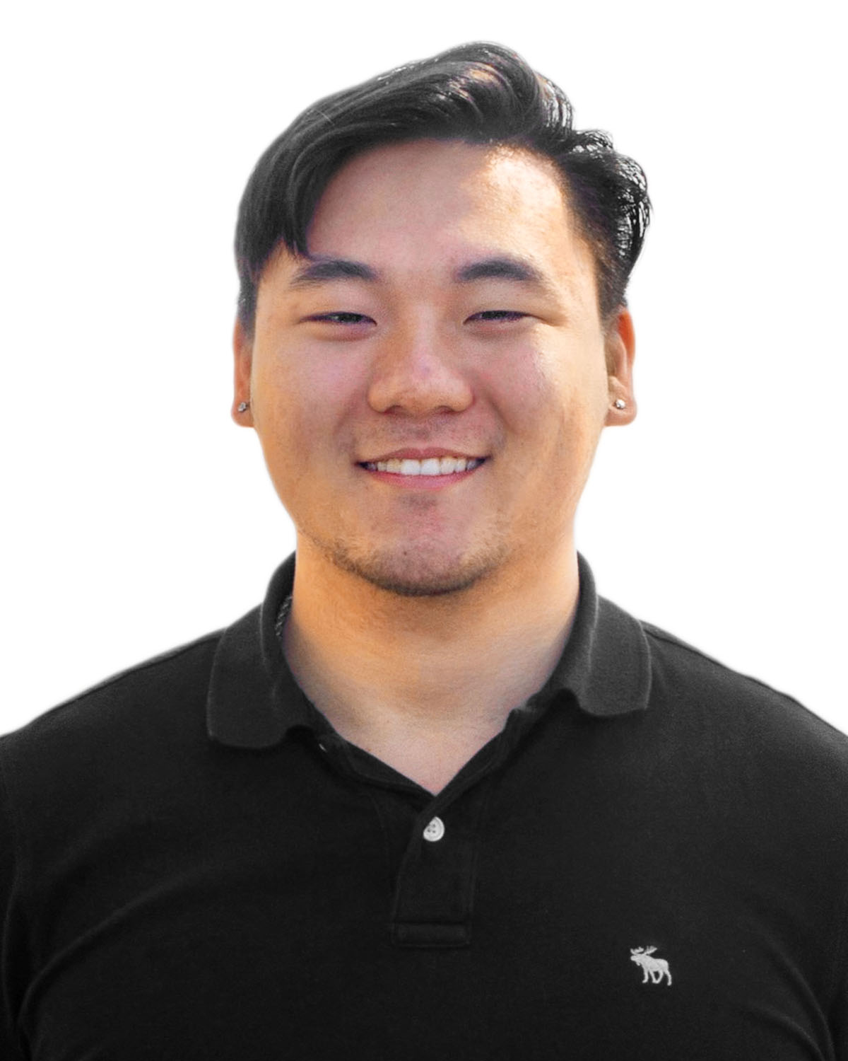 A photo of Eugene Lee who is smiling at the camera and wearing a black collared shirt.