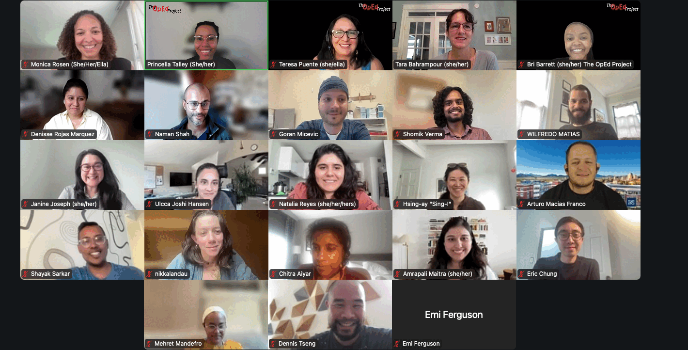 A GIF of the 2024 Fellows on a gallery Zoom screen. There are about 23 people, including administrators, who are going between smiling and goofy faces. 