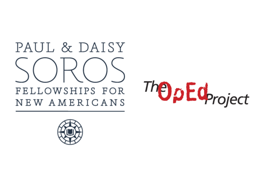 The PD Soros logo and The OpEd Project logo with a white background. The PD Soros logo simply says the name and has a compass under it--the compass is meant to represent the immigrant's journey and the academic journey. The OpEd Project's logo is black with "OpEd" in red lettering.